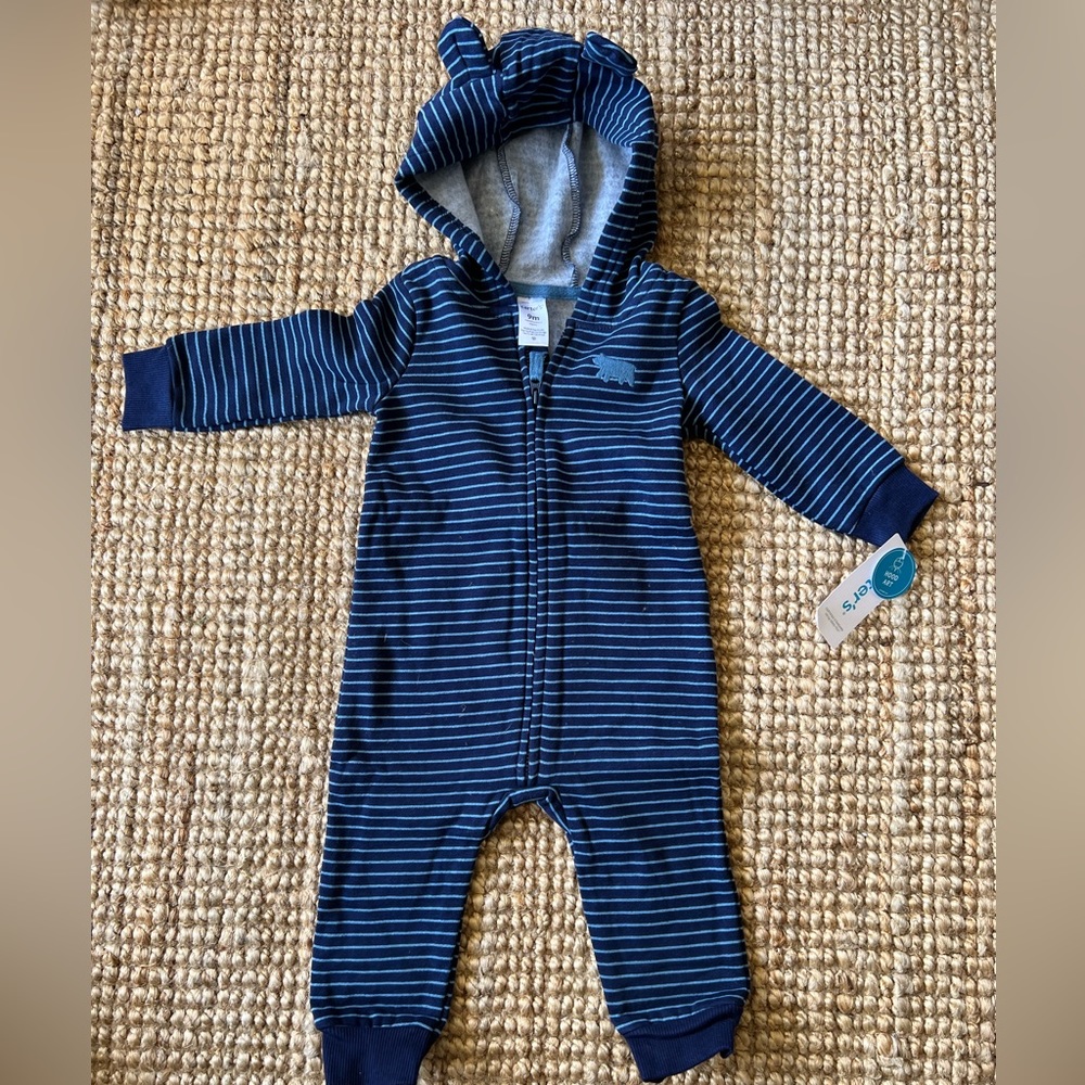 Carters NWT 9M Size 9M Zip-Up Hooded Fleece Jumpsuit with Ears in Blue Stripe